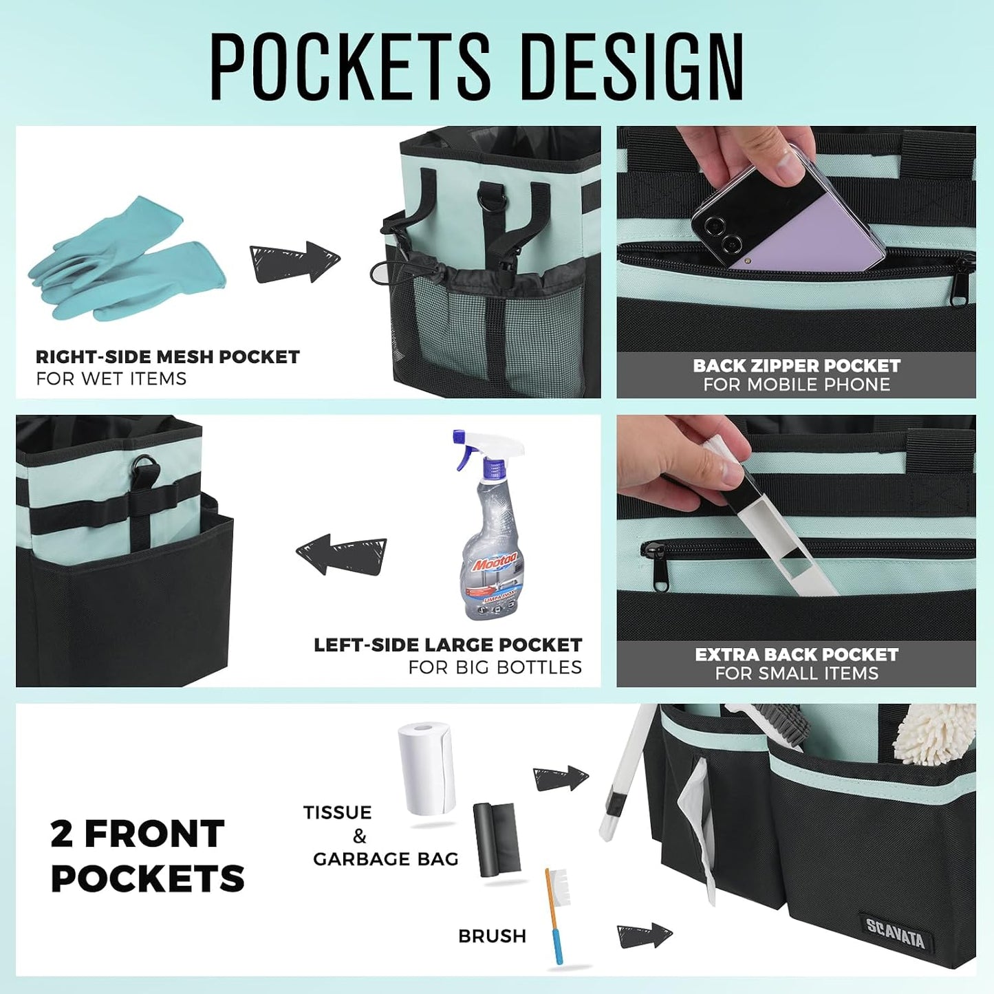 SCAVATA Compact Wearable Cleaning Caddy with Handle & Shoulder Straps | Small Cleaning Supplies Organizer, Under Sink & Car Cleaning Tools Storage Bag for Housekeepers Cleaners, Black