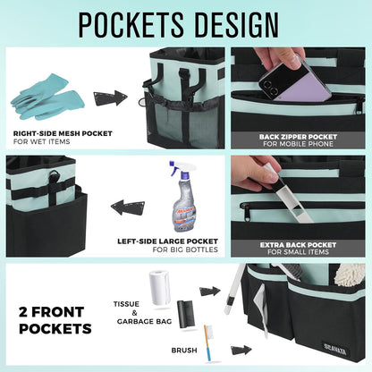 SCAVATA Compact Wearable Cleaning Caddy with Handle & Shoulder Straps | Small Cleaning Supplies Organizer, Under Sink & Car Cleaning Tools Storage Bag for Housekeepers Cleaners, Black