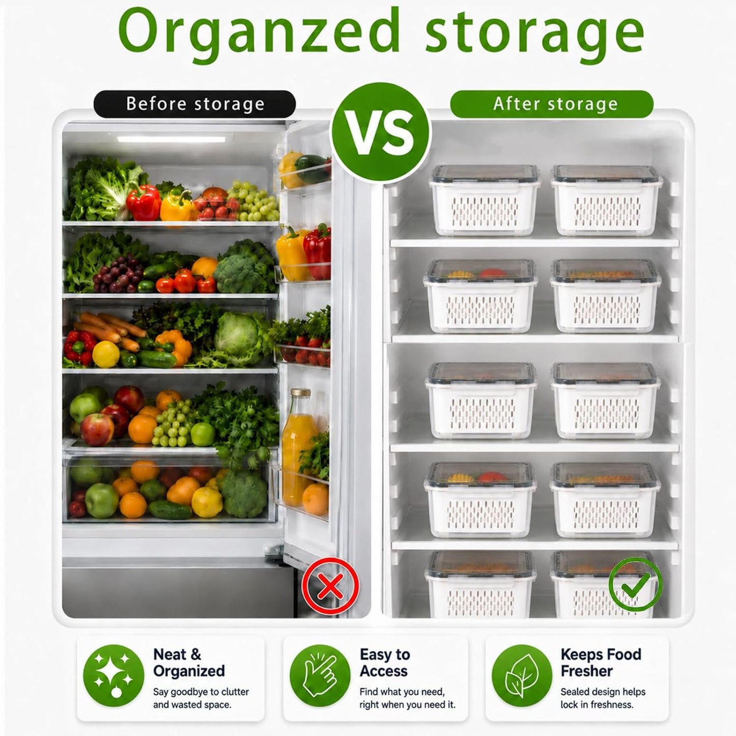 UFORU 4 Pack Fruit Storage Containers, Airtight Produce Saver for Fridge | Airtight refrigerator storage containers with removable colander and stackable design for berries, fruits and vegetables