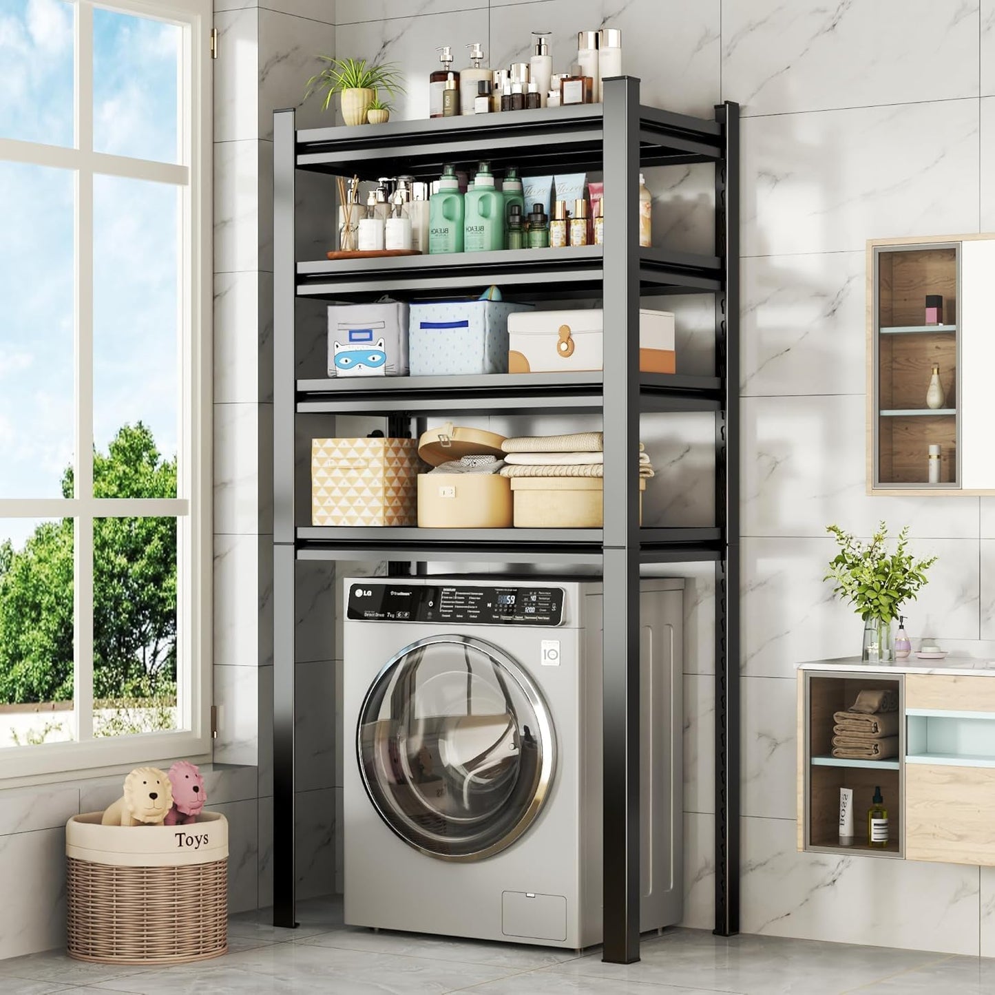Over Washer and Dryer Shelves, 4 Tiers Adjustable Height Laundry Room Storage and Organizer Standing Shelf, Metal Freestanding Space Saving Organizers Shelf (4-Tier 63" H*45" W*15.7" D)