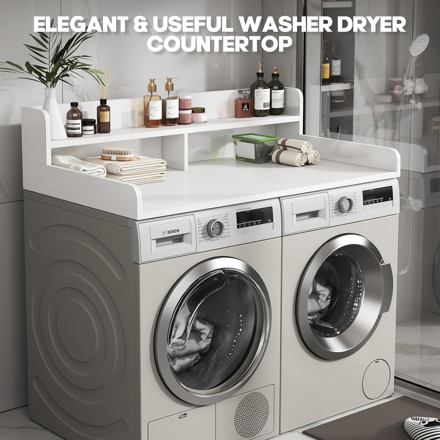2-Tier Washer and Dryer Countertop with 2.75" H Guard,54" W x 27.5" D Laundry Countertop Cover with Non-Slip Pad,Large Space Laundry Topper for Folding Clothes Over Washer and Dryer-White