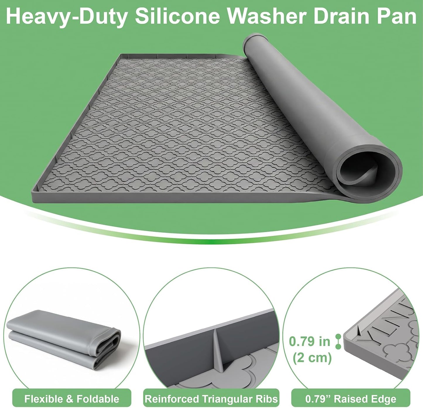 33 x 31 Inch Washing Machine Drain Pan, Silicone Washer Pan, Grey | 2cm Raised Waterproof Edge, Washer and Dryer Mat for Floor Protection, Fits Standard & Large Washers Up to 5.0 Cu.Ft.
