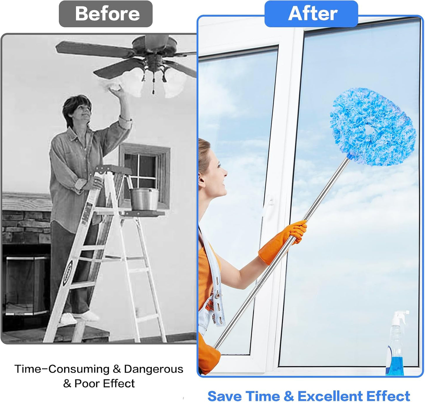 Ceiling Fan Cleaner Duster Reusable Microfiber Ceiling Fan Blade Cleaner Removable Duster with Extension Pole Adjusts 13 to 49.7 Inch for Cleaning Walls Bookshelves Furniture Door Window Top (Blue)
