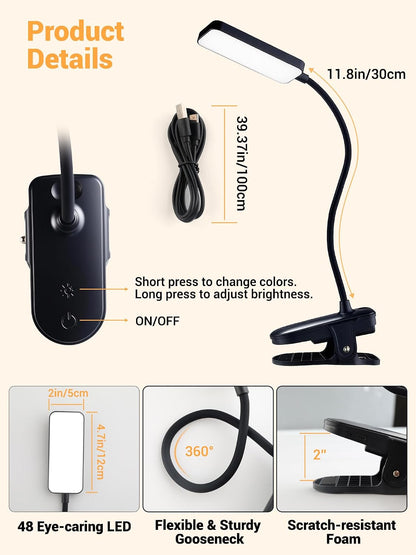 Clip on Light,45 Lighting Modes Rechargeable Desk Lamp with Clamp | 4000mAh Battery Operated Lamp,450 lm 48 LED Desk Light,Wireless & Cordless Reading Light for Bed/Bedside Table/Headboard/Dorm