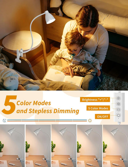 BOHON Desk Lamp 5 Color Modes 10 Brightness Dimmer Reading Light Black | 10W 38 LED Clamp Lamp with Auto Off Timer 360° Flexible Neck Clip on Light for Bed Bedside, AC Adapter Include