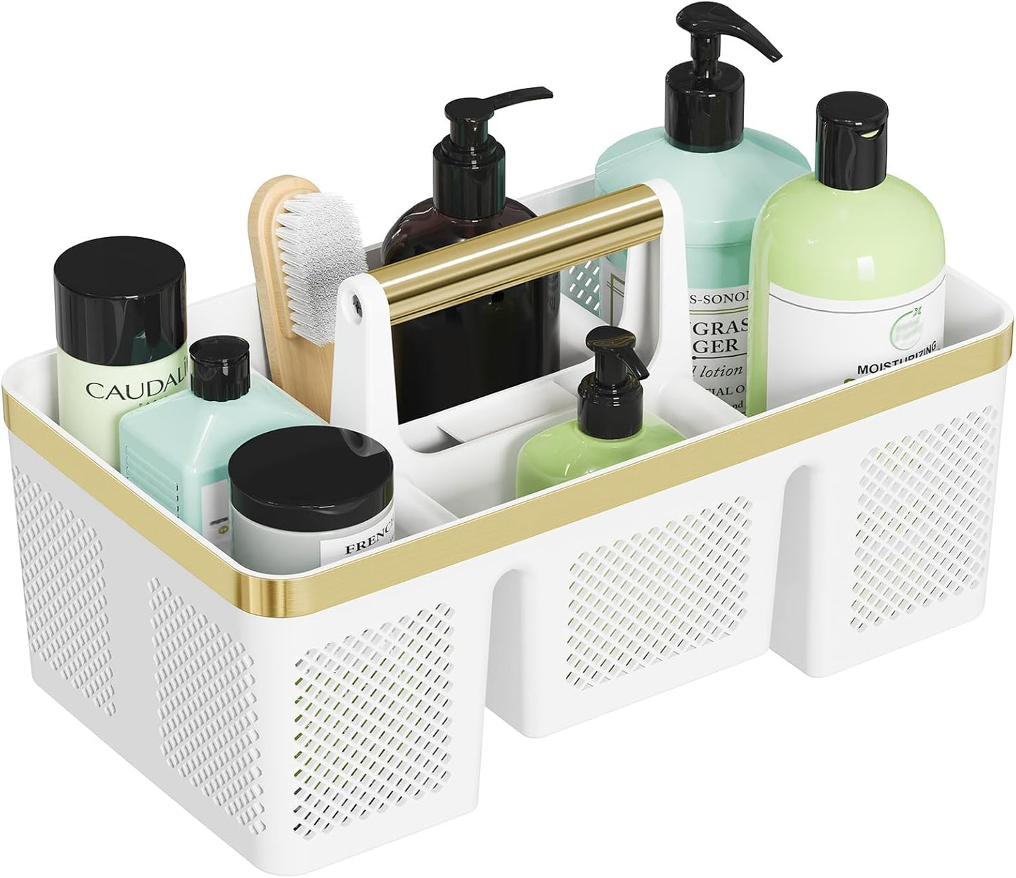 BYUNER Portable Cleaning & Shower Caddy with Handle: Rigid Plastic Basket with 4 Divided Compartments, All-Side Drainage for College Dorm, Bathroom & Utility Use, Black/Gold