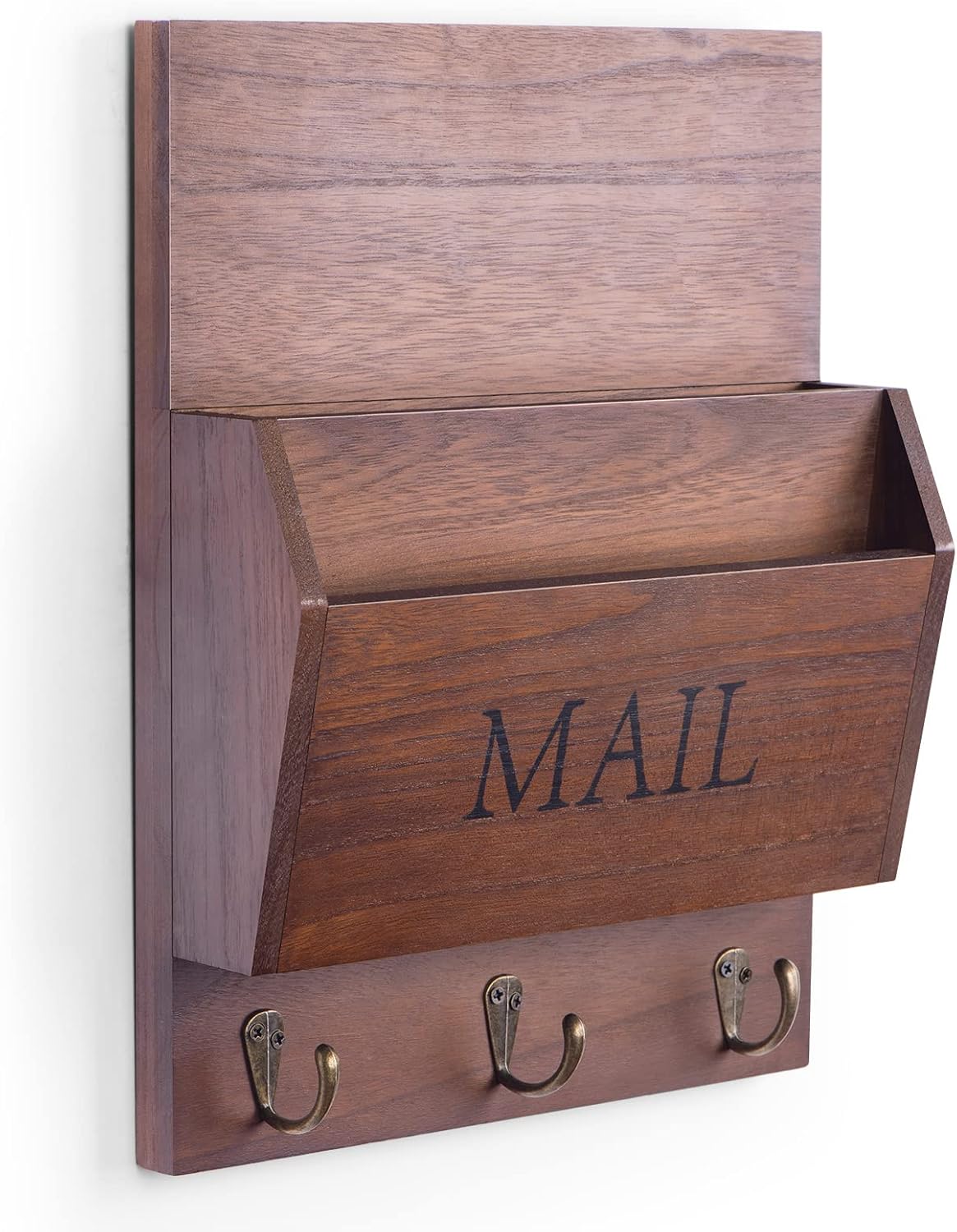 DLQuarts Solid Wood Mail Organizer with Key Holder for Wall, Mail Sorter Wall Mounted, Decorative Wooden Key and Mail Holder with 3 Hooks, White