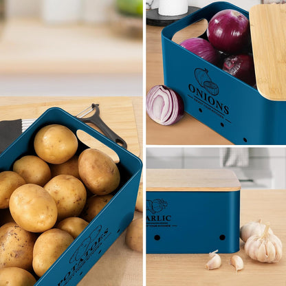 Kitchen Vegetable Storage Set of 3, Metal Onion Garlic Potato Storage Set, Kitchen Canisters Vegetable Keeper Containers with Aerating Holes and Bamboo Lid,Black