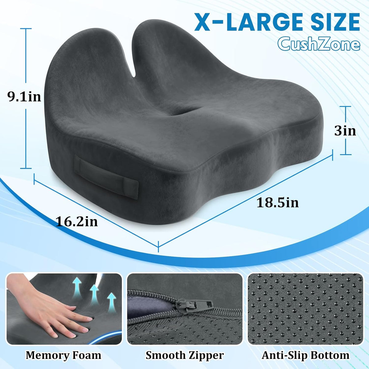CushZone Ergonomic Seat Cushion, Sciatica Support for Office Chair, Black