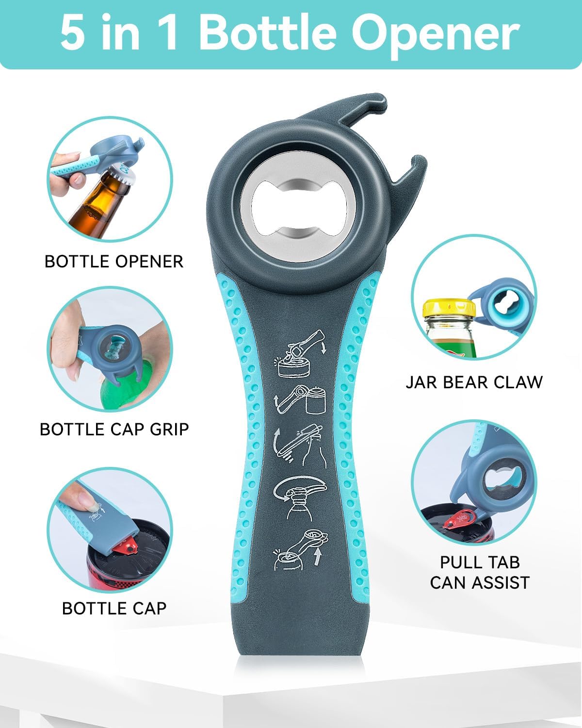 Jar Opener 3-Piece Set, Can and Bottle Opener for Weak Hands | Multi-function kitchen tool set for seniors with arthritis. Ergonomic non-slip, easy-to-use gift for elderly