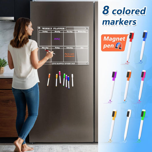 Acrylic Calendar for Fridge – Weekly Magnet Fridge Board with 8 Color Markers 15"x11" Clear Calendar for Refrigerator for Kitchen, Office, Family