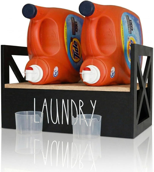 Detergent Holder for Laundry Room, Farmhouse Detergent Dispenser, Liquid Soap Storage Organization, Detergent Stand with Drip Catcher Drip Tray Measuring Cup, Laundry Station Organizer, Black