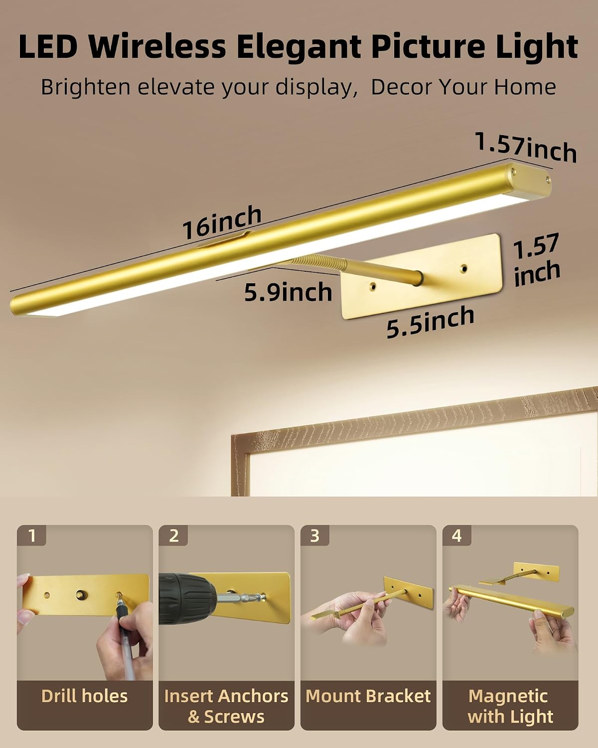 EZVALO Picture Light for Wall, 4800mAh Rechargeable Wireless Gold Light with IR Remote, Dimmable Magnetic LED Art Display Light with 3 Color Temperatures, for Gallery, Living Room, Bedroom(2Pack)