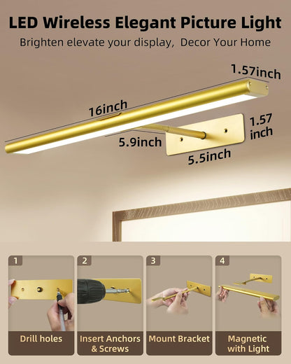 EZVALO Picture Light for Wall, 4800mAh Rechargeable Wireless Gold Light with IR Remote, Dimmable Magnetic LED Art Display Light with 3 Color Temperatures, for Gallery, Living Room, Bedroom(2Pack)