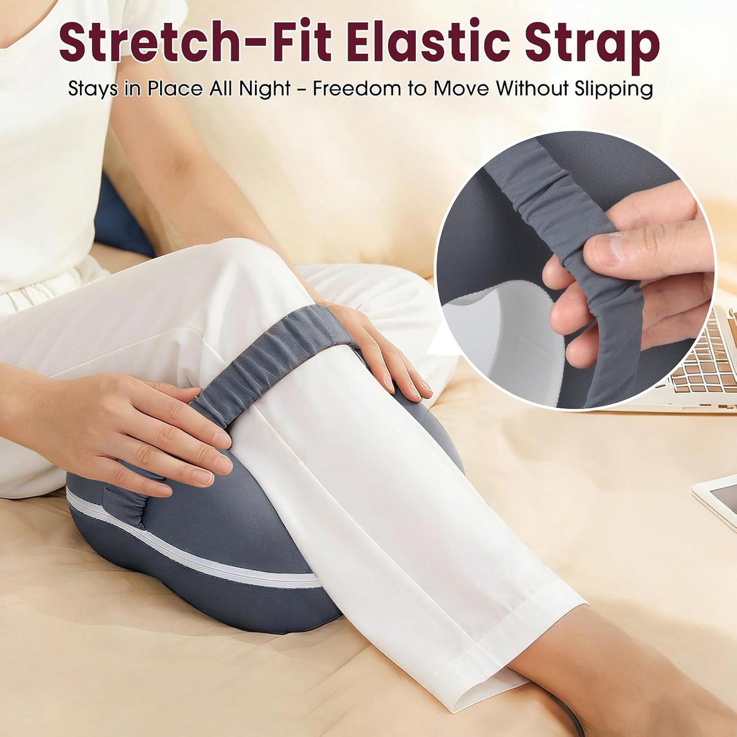 Memory Foam Knee Pillow for Side Sleepers, Supportive Leg Pillow with Heart Cutout Design and Adjustable Strap, Contoured Between Knees Pillow for Side Sleeping, Alignment Support, Gray