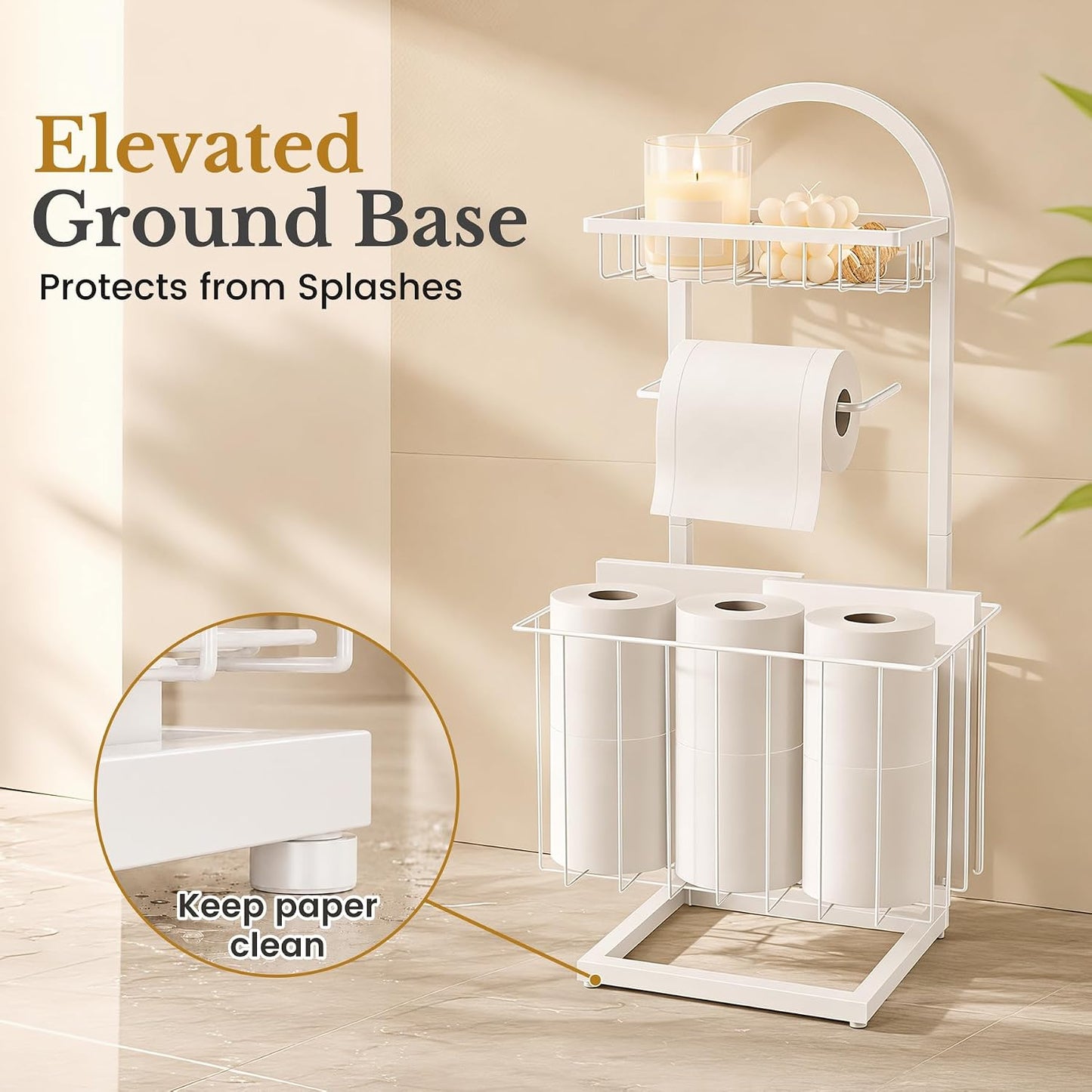 Toilet Paper Holder Stand Freestanding with Storage Basket for Bathroom | Freestanding Toilet Paper Stand for Bathroom,Heavy Duty Tissue Roll Holder Rack with Top Shelf for Organizer,black