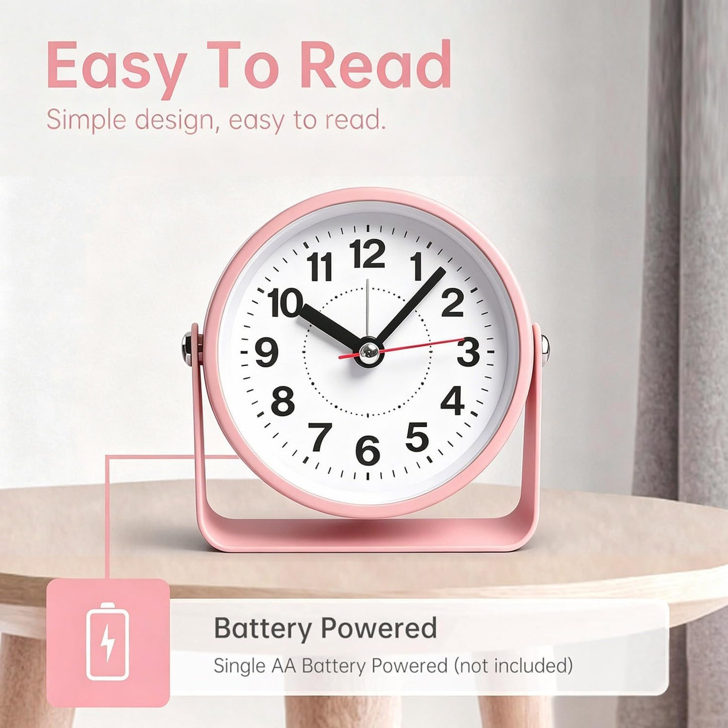 3.5" Analog Alarm Clock, Small Retro Desk Clock Battery Operated, Silent Metal Table Clock with Light for Living Room Decor,Bedroom,Bedside,Shelf, Adjustable Angle Snooze Clock for Adults Elderly