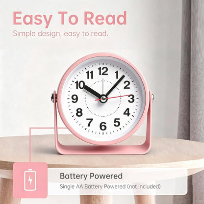 3.5" Analog Alarm Clock, Small Retro Desk Clock Battery Operated, Silent Metal Table Clock with Light for Living Room Decor,Bedroom,Bedside,Shelf, Adjustable Angle Snooze Clock for Adults Elderly