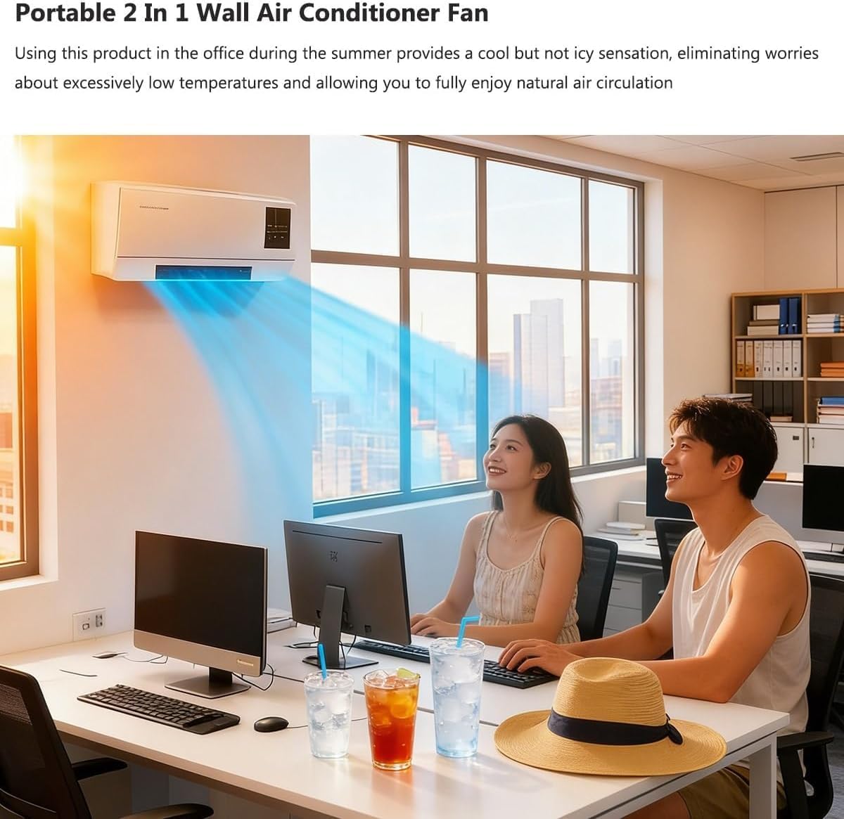 Multifuntional 2 in 1 Wall Mounted Heating System for Bathroom Office Rv Garage, Cooling and Heating Mini Air Conditioner Fan, Quiet 110v Smart Ac Fan Heater Yellow 21.26inx4.92inx7.87in