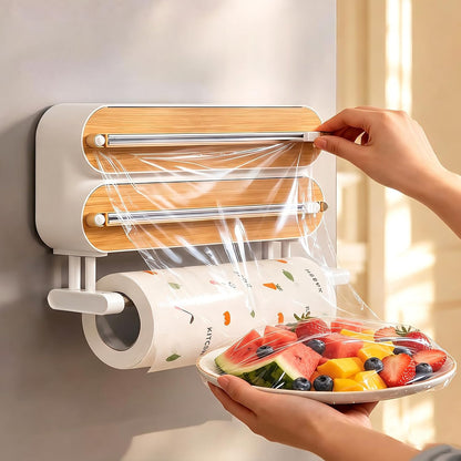 3 in 1 Plastic Wrap Dispenser with Cutter,Wooden Aluminum Foil Organizer | Magnetic Holder with Kitchen Towel Holder, Wall Mount Kitchen Wrap Dispenser for Pantry and Kitchen Cabinet
