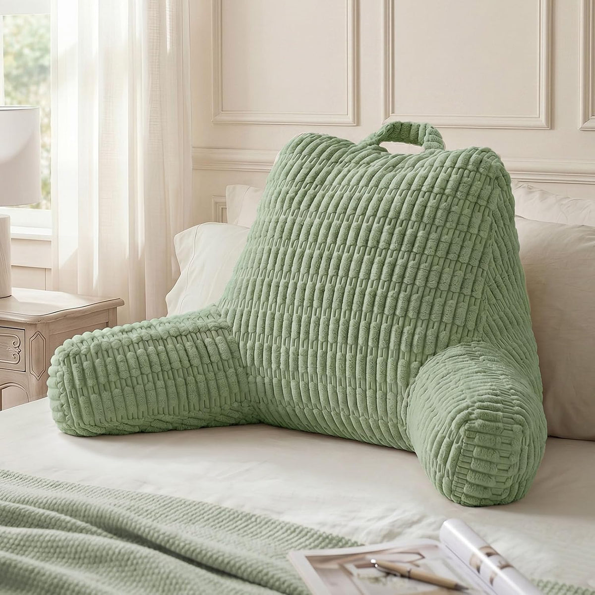 Blissful Diary Reading Pillow, Backrest Pillow with Shredded Memory Foam for Adult & Children, Designed for Bed and Couch Sitting Up, Includes Arms, Pockets and Washable Cover, Off White