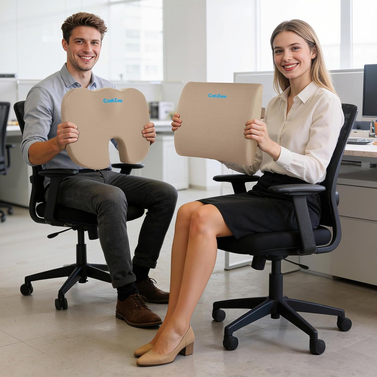CushZone Ergonomic Seat Cushion & Lumbar Support Pillow - Memory Foam for Sciatica Pain Relief & Posture Correction, Non-Slip Chair Cushions for Office Chair/Car/Wheelchair/Travel (Black)