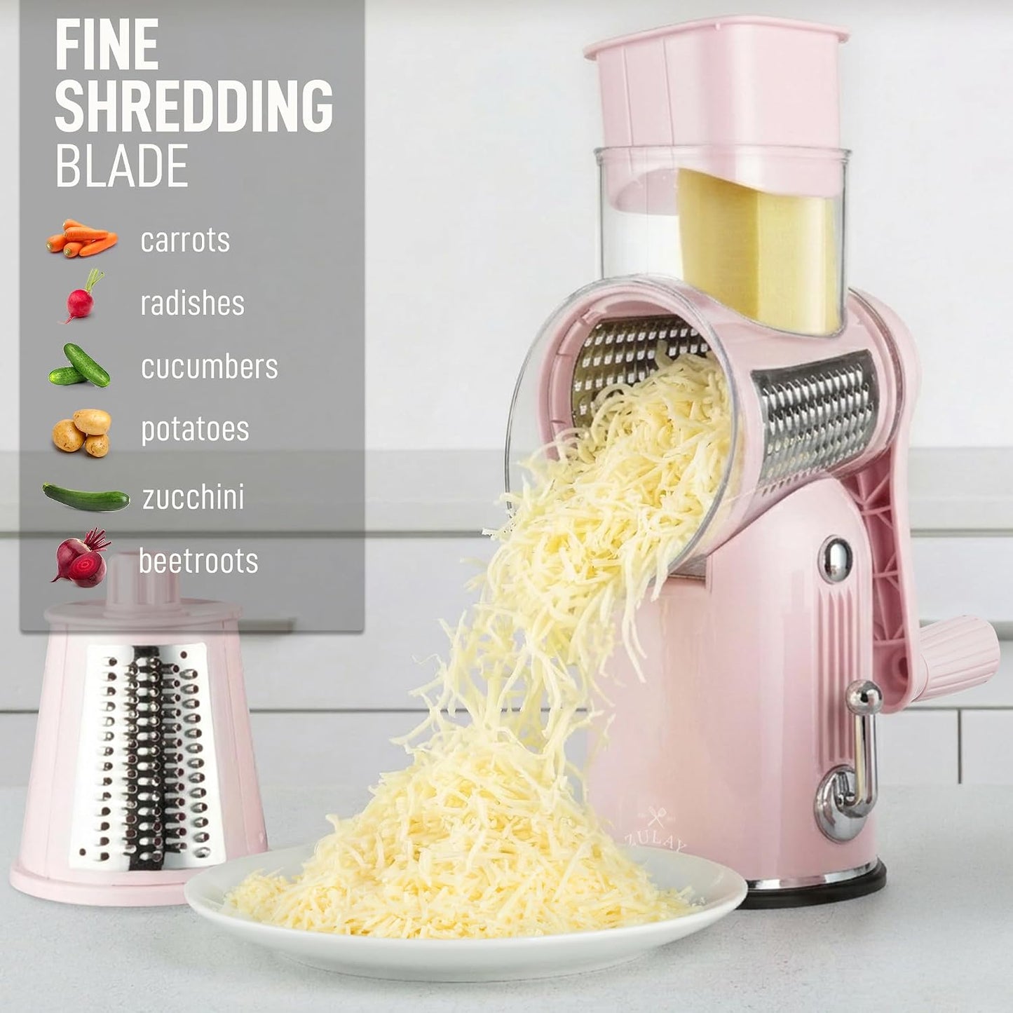 Zulay Kitchen Rotary Cheese Grater 5 Blade Cheese Shredder - Manual Hand Crank Cheese Grater With Reinforced Suction & 5 Interchangeable Drums - Easy to Use, Vegetable Chopper Round Mandoline Slicer - Colors A