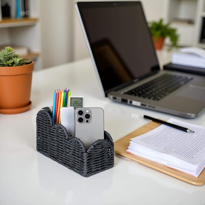 CubesLand Bedside Table Desk Organizer Caddy, Remote Pen&Pencil Holder Cup | Makeup Brush Holder w/Scalloped Perfect for Home, Office Desk, Living Room Table Decor, 3 Slots Neutral