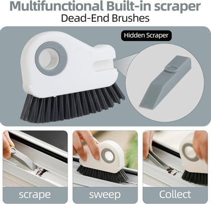 2 in 1 Groove Cleaning Brush, Grout Cleaner Tool & Multifunction Window Track Cleaner (with Hidden Scraper or Mini Dustpan) – for Glass Door Tracks, Window Sills, Sliding Doors (Orange)