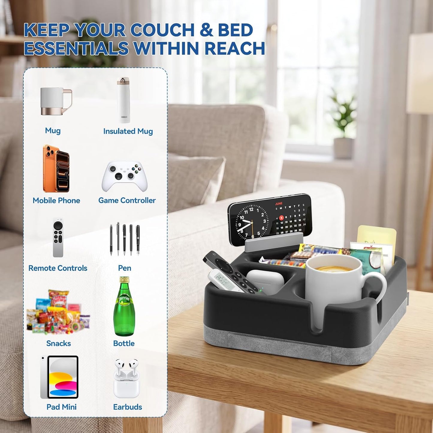 Couch Cup Holder Tray Couch Cup Holder Pillow Soft Sofa Caddy Drink Holder with 3 Compartments &Removable 360°Swivel Phone Stand, Portable Bed Snack Caddy Pillow with Handle for Tablet Controller Grey