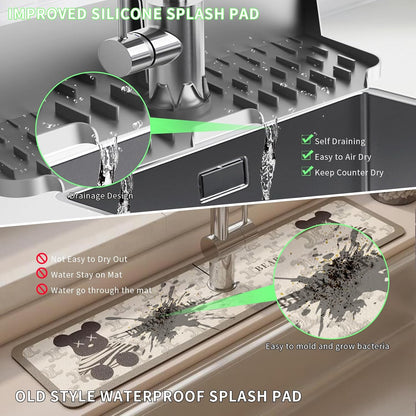 17” x 5.5” Silicone Faucet Handle Drip Catcher Tray Mat, Silicone Faucet Mat Dish Soap Sponge Holder for Kitchen Sink, Drying Mat for Kitchen Counter Bathroom Kitchen Sink Splash Guard - Black