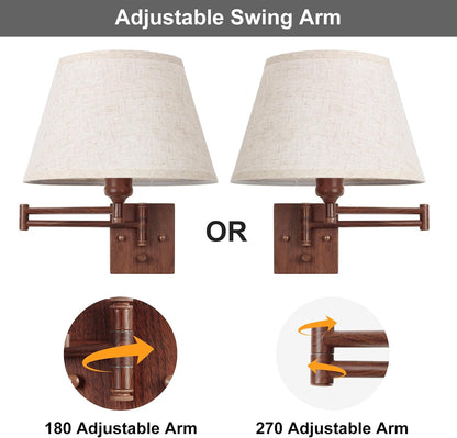 TRLIFE Wall Sconce Plug in, Dimmable Wall Sconces Set of Two Swing Arm Wall Lights with Plug in Cord and On/Off Dimmer Rotary Switch, 9.4" Medium Beige Fabric Shade(2 Pack, 2 Bulbs)
