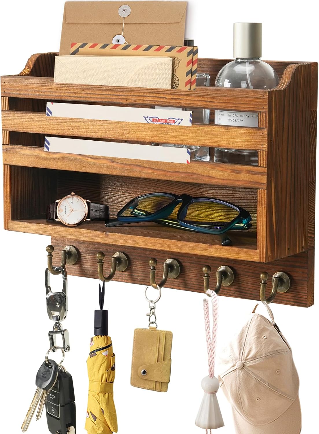 Key Holder Wall Mount with Mail Organizer, 5 Key Hooks, Brown | Wood Mail Organizer Wall Mounted with 5 Key Hooks & Storage Box and Mail Organizer for Entryway, Apartment, Home and Office
