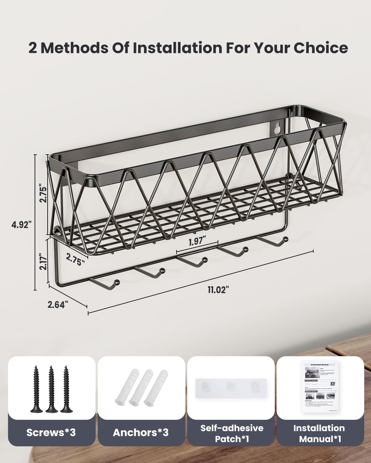 Key Holder for Wall - Key Rack with 5 Key Hooks, 11.02" L×2.75" W×4.92" H, Key and Mail Organizer Wall Mount with Mesh Basket, Key Hanger for Wall, Entryway, Home Decor(Matte Black)