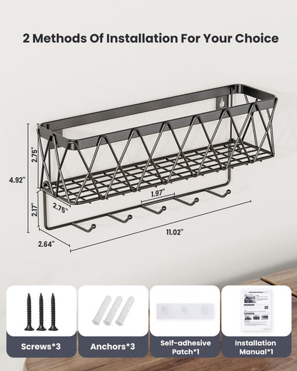 Key Holder for Wall - Key Rack with 5 Key Hooks, 11.02" L×2.75" W×4.92" H, Key and Mail Organizer Wall Mount with Mesh Basket, Key Hanger for Wall, Entryway, Home Decor(Matte Black)