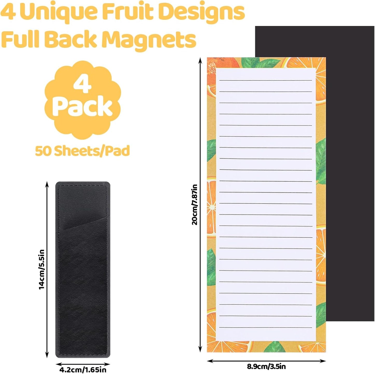 Thboxes 4 Pack Magnetic Note Pad for Fridge with Pen Holder, Totally 200 Sheets Grocery List Magnet Pad for Refrigerator Magnetic Shopping List Pad（Fruit Design） | Full-Back Magnet, 80Gsm FSC-certified Paper, School Office Home Supplies Grocery List