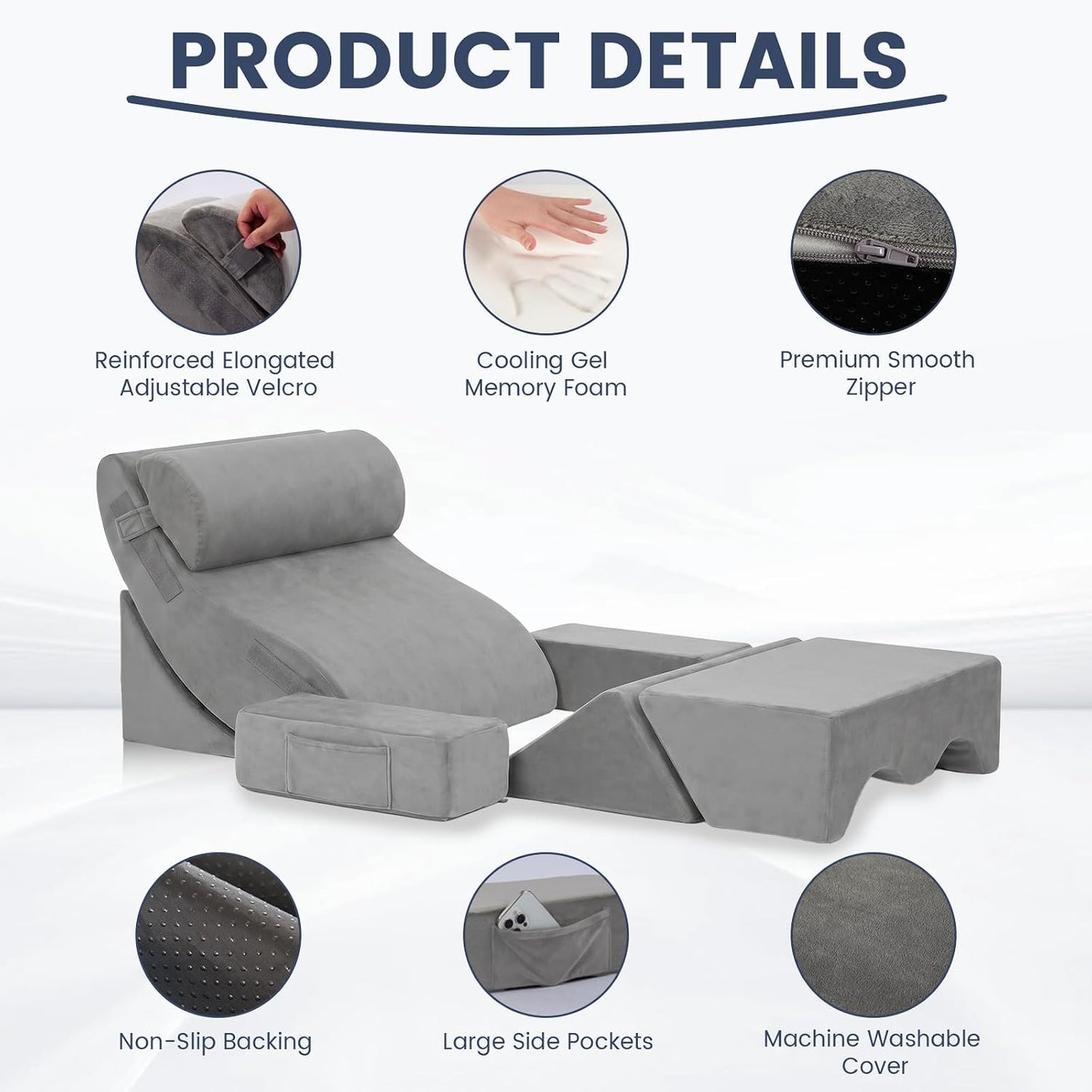 5PCS Wedge Pillow Set for After Surgery, Adjustable Orthopedic Foam Bed Wedge Pillow for Acid Reflux, GERD & Heartburn Relief, Back & Leg Elevation Support for Sleeping & Sitting Up, White Grey