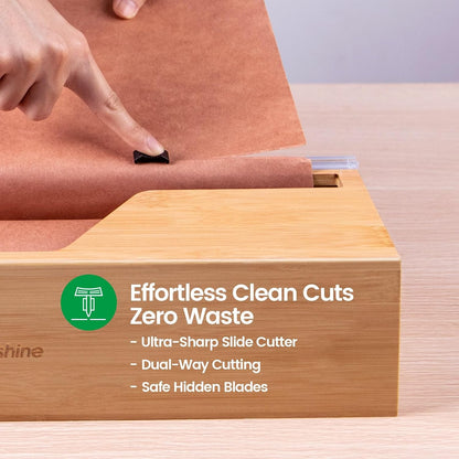 18-Inch Foil Dispenser with Slide Cutter & Butcher Paper Holder | Compact bamboo organizer for countertop, drawer, cabinet or wall mounting, made for many common 18-inch foil and paper rolls