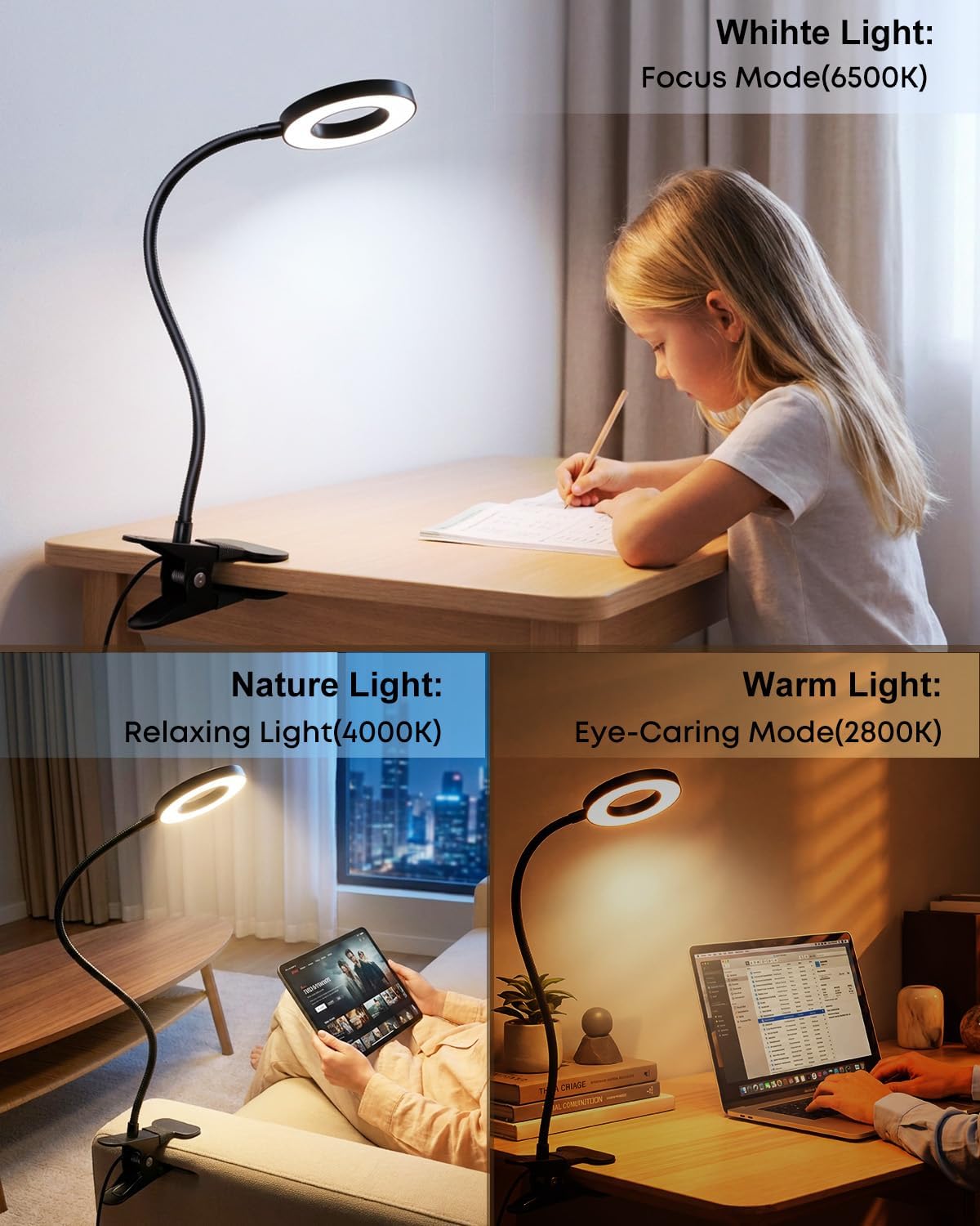 Clip‑On Desk Lamp, USB Powered Book Light, 5W LED Reading Lamp
