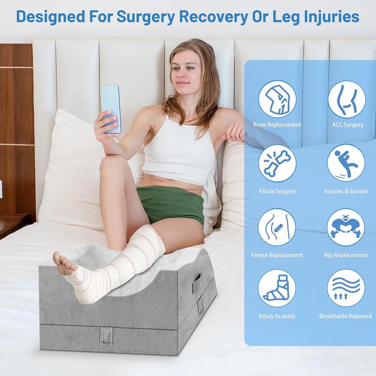 TranquilRelax Leg Elevation Pillow for After Surgery, Wedge Pillow, Grey | Single-leg design, adjustable height, U-shaped cradle, supportive memory foam, washable cover, leg elevation for swelling