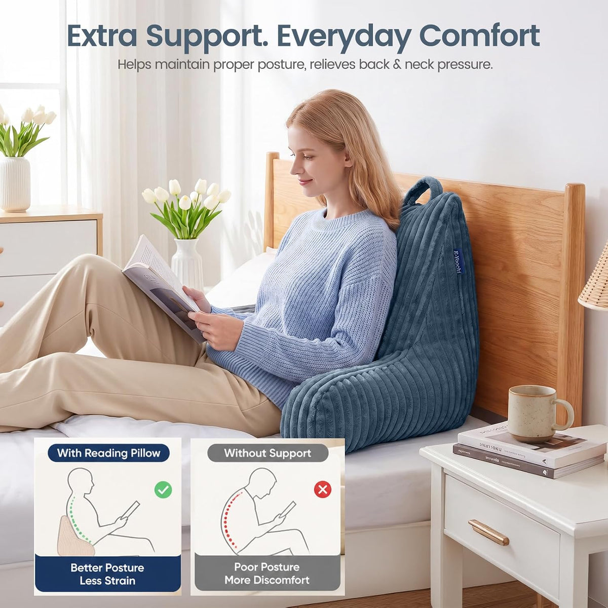 Reading Pillow for Sitting up in Bed, Adjustable Memory Foam Bed Rest Pillow, Wide-wale Plush Cover Machine Washable, Neck Back and Lumbar Support Pillow-Grey