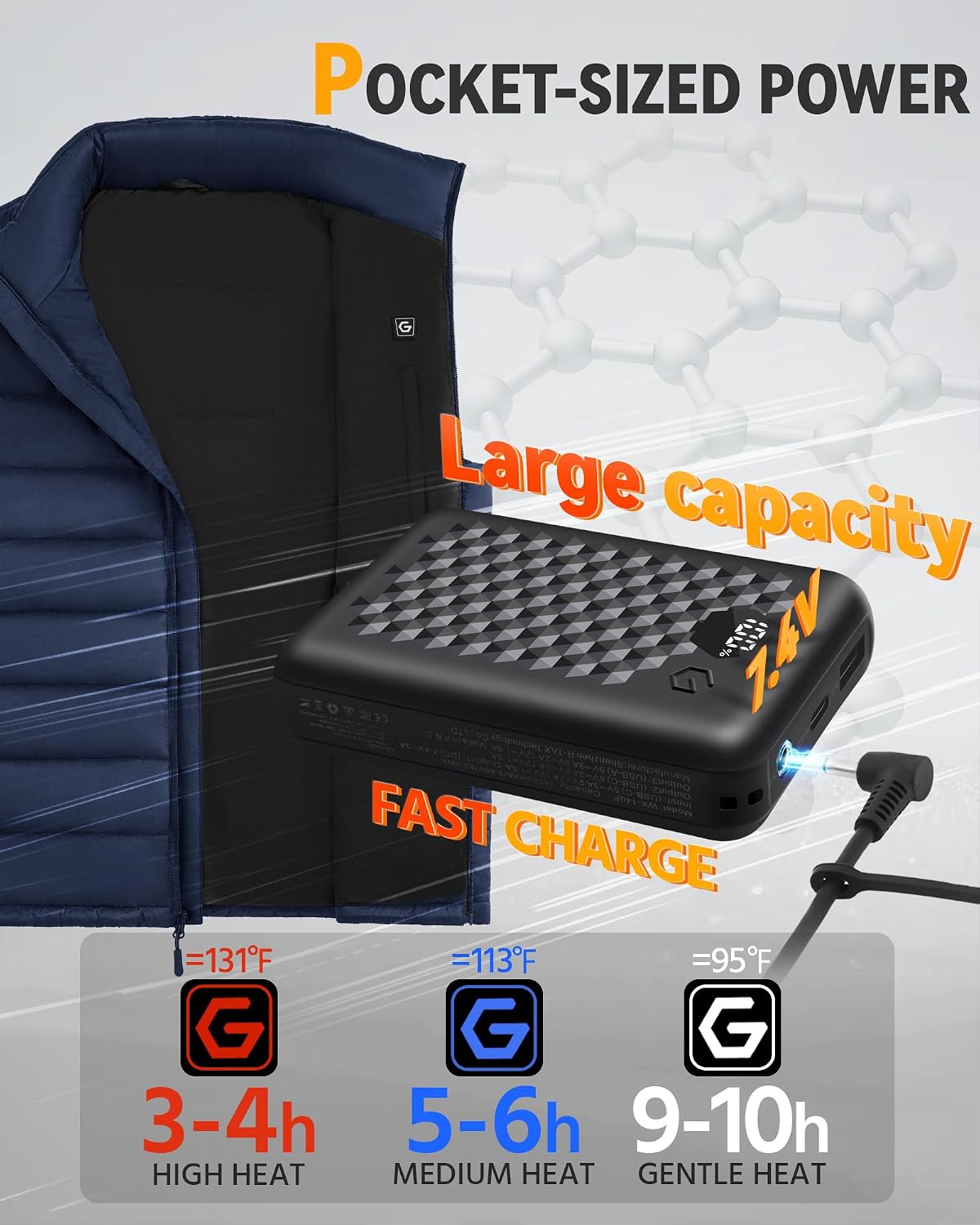 Wulcea Graphene Heated Vest For Men 7.4V Fast Charge Large Capacity Battery