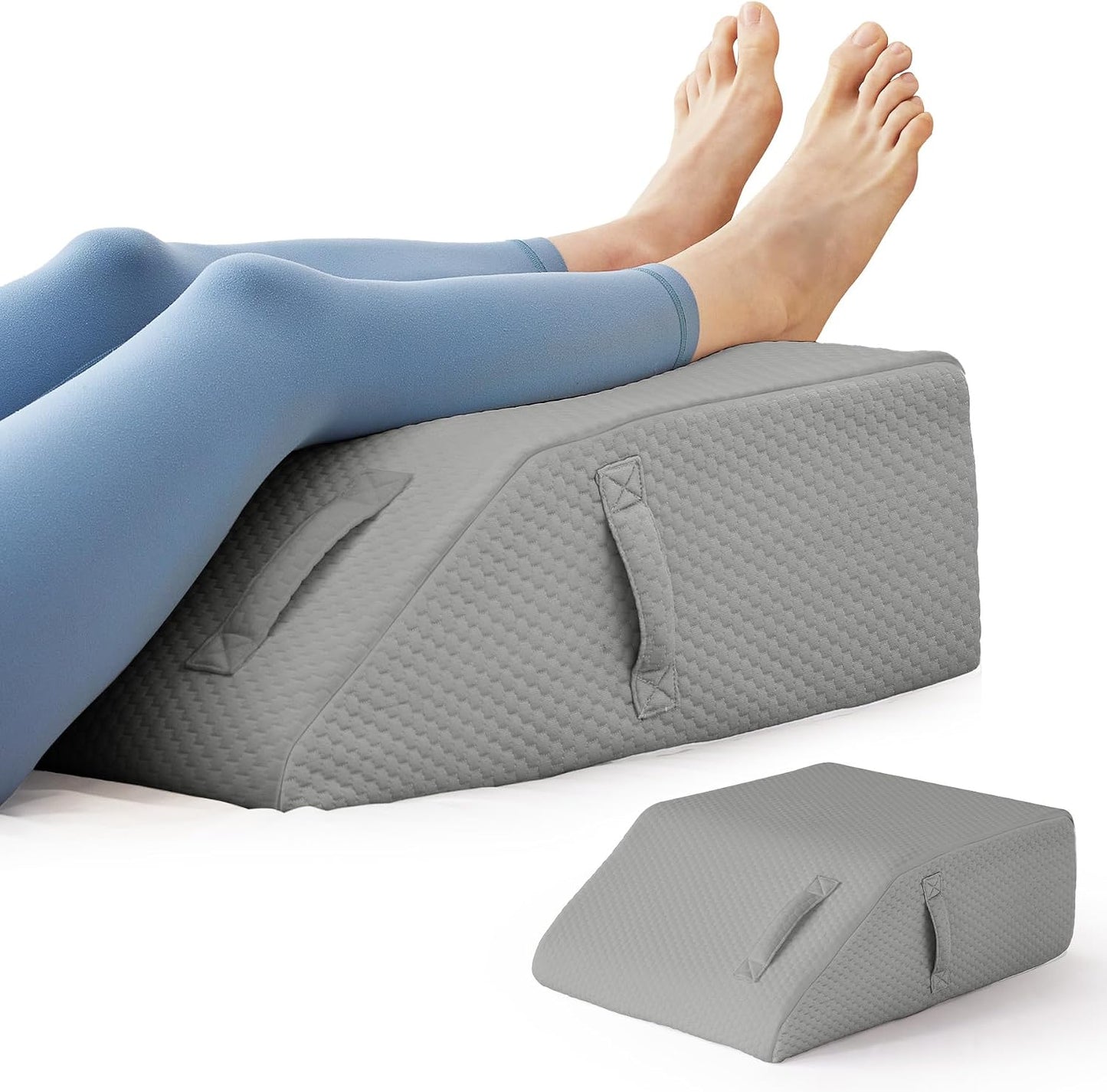 BIEEZZK Leg Pillow Elevation Blood Circulation, Leg Elevating Pillows for After Surgery, Sleeping, Memory Foam Wedge Pillow for Legs Swelling, Foot Knee Pillow for Back Pain, 23.6×16.8×8in, White/Grey