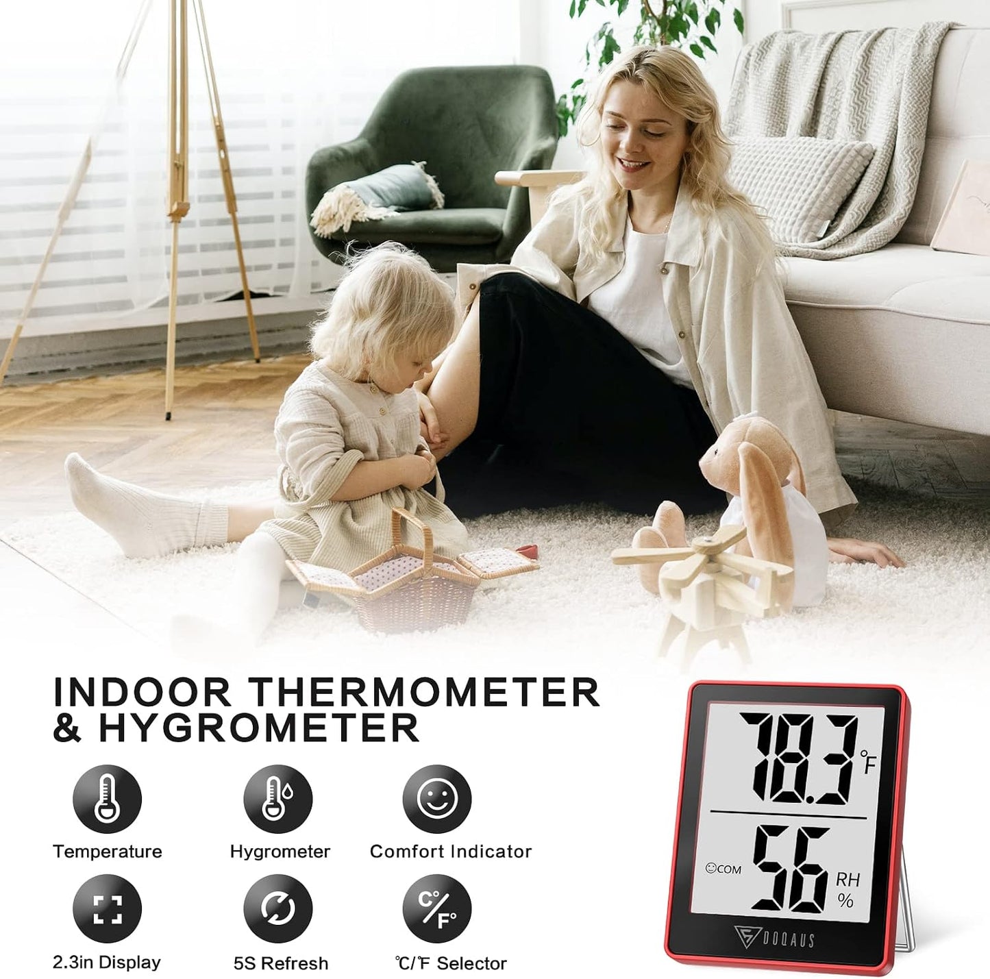 DOQAUS Digital Hygrometer Indoor Thermometer Humidity Meter, Black | Mini Room Thermometer, 5s Fast Refresh, Accurate Temperature and Humidity Monitor for House, Baby Room, Greenhouse, Incubator