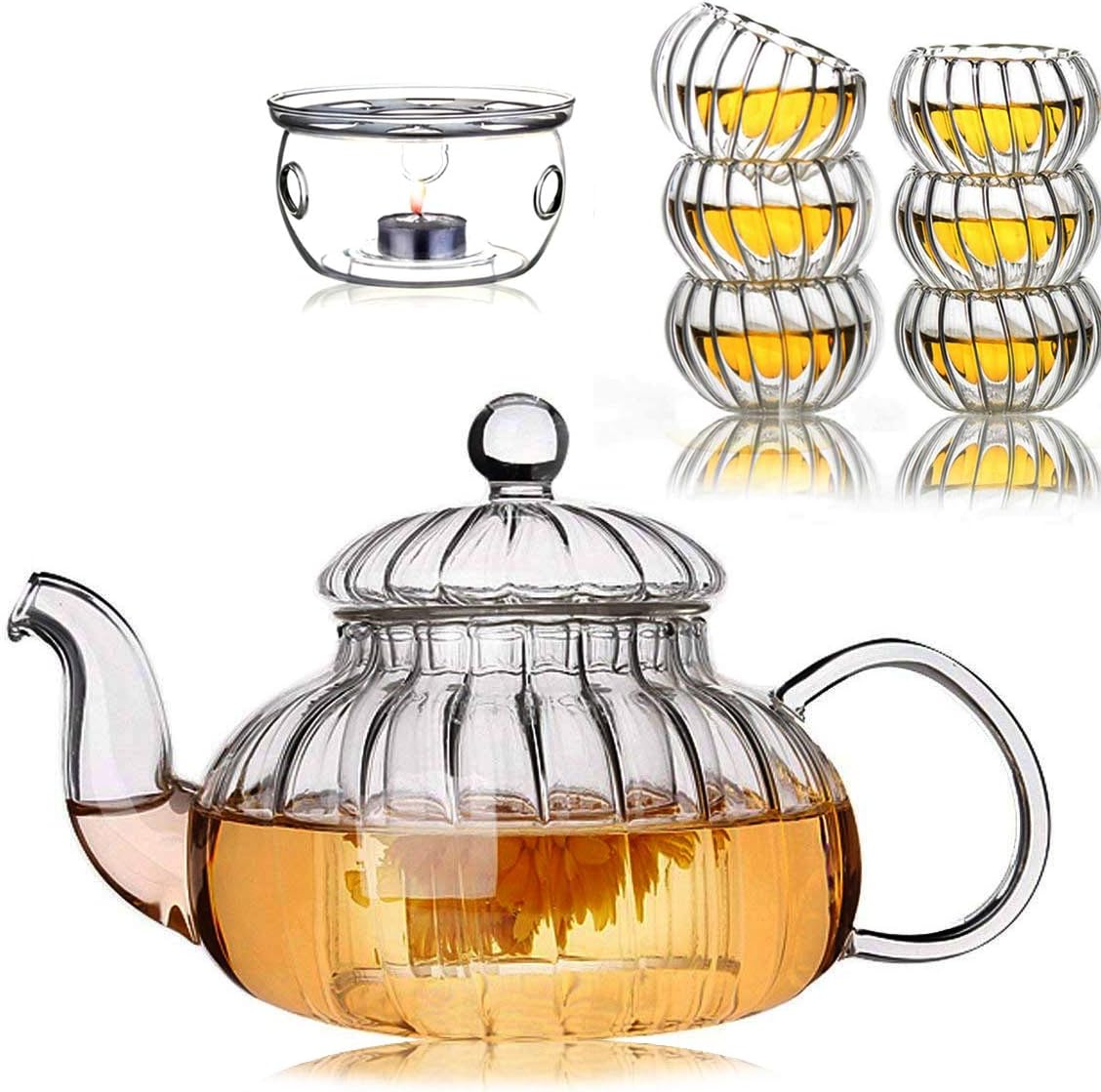 Glass Filtering Tea Maker Teapot with a Warmer and 6 Double-walled Tea Cups Set (Heating base, Standard)