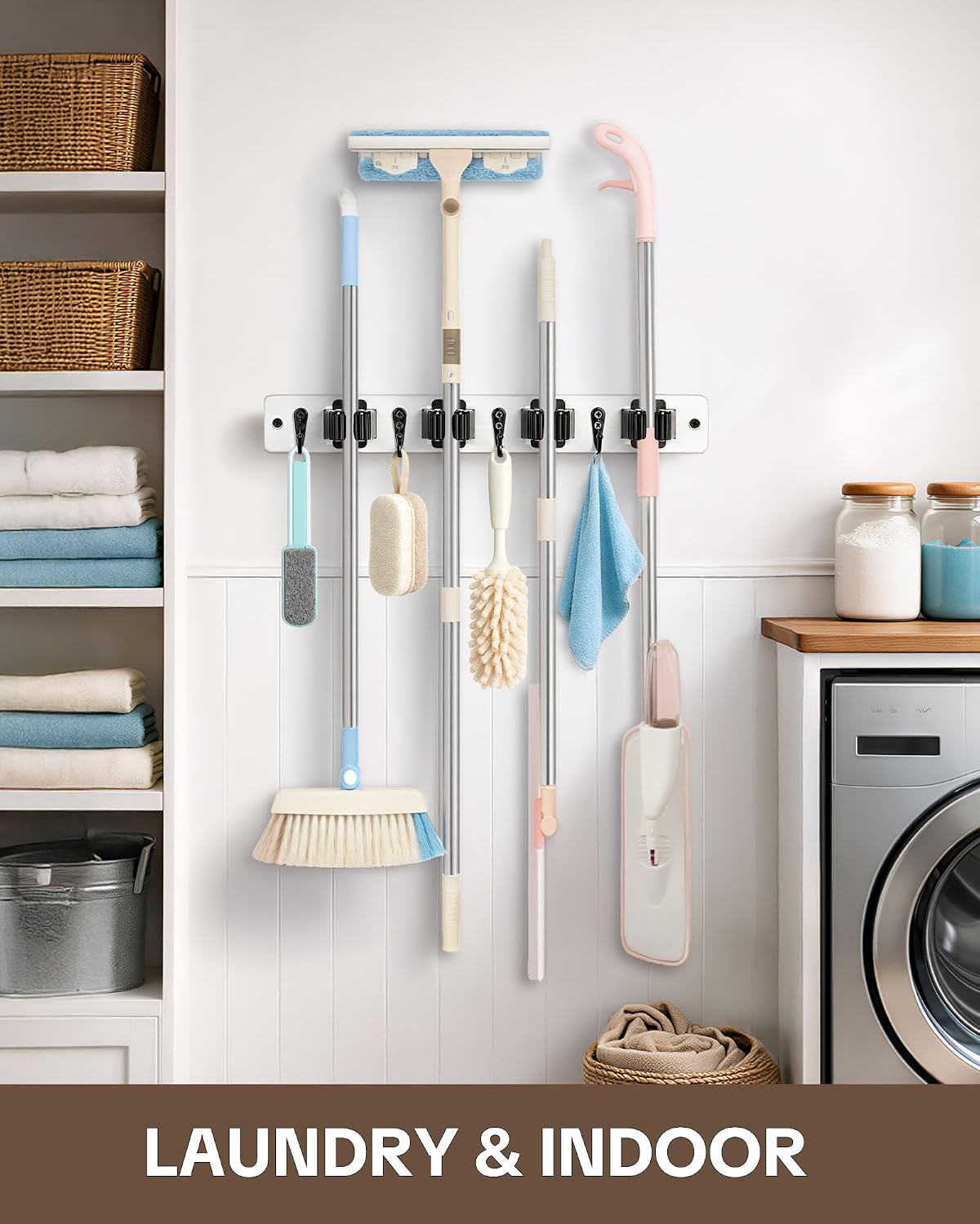 Lorbro 2 Pack Broom Holder Wall Mount, Wooden Rack with 4 Slot & 4 Hook | Broom and Mop Organizer Wall Hanging, Tool Organizer for Laundry Room, Closet, Garage, Kitchen