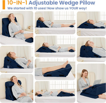 Sasttie Adjustable Wedge Pillow Set for After Surgery, Dark Grey & White | Bed Wedge Pillow Headboard with Memory Foam Neck Cushion, for Acid Reflux, Sleeping, Neck & Back Support