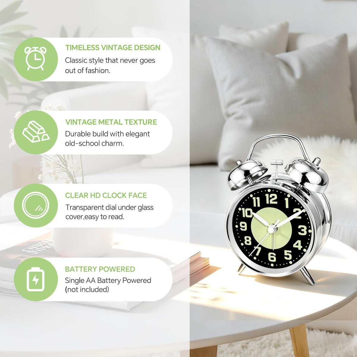 4.5" Metal Loud Alarm Clock for Heavy Sleepers Adults, Analog Battery Operated Alarm Clock with Bells Glow in Dark Numbers, Silent Old School Bedside Desk Clock for Bedroom Office Kids, Black