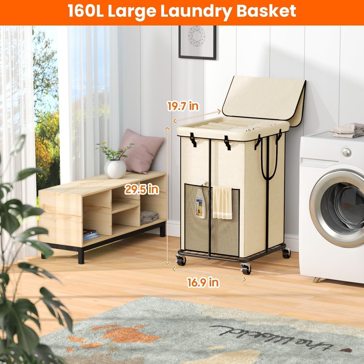 Laundry Hamper with Wheels, 150L Rolling Laundry Basket with Bag & Handles | Sturdy Metal Frame | Removable Bag | Large & Tall Dirty Clothes Hampers for Laundry Room, Bedroom, Dorm, Bathroom-Black