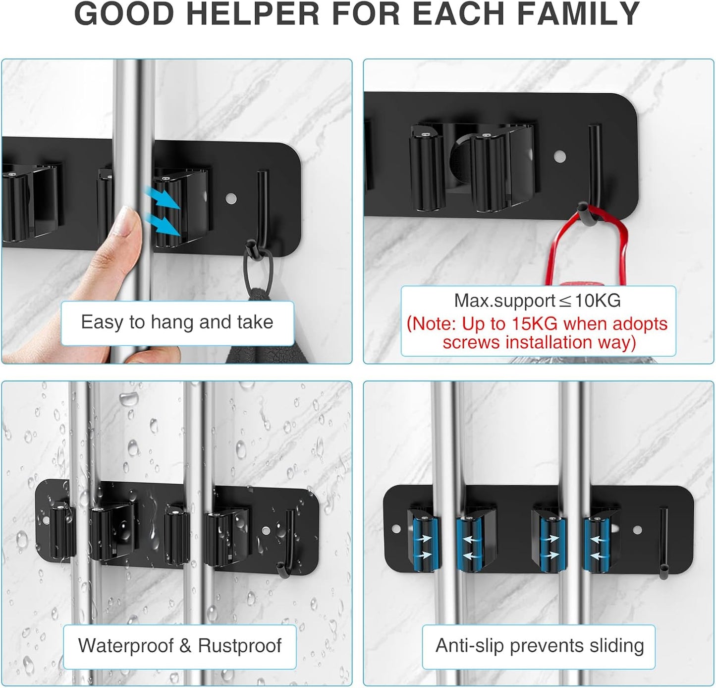 homeasy Wall Mount Mop and Broom Holder, Heavy Duty Stainless Steel Organizer Rack with Hooks | 2-Pack, 2-in-1 No Drill & Screw Installation, Silver
